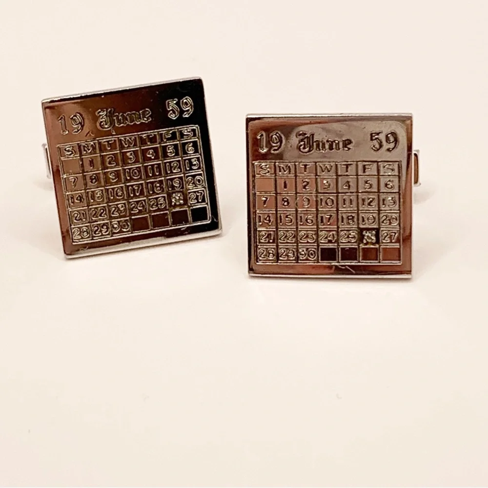 Vintage sterling silver diamond MCM birthdate calendar cuff links June 26 1969